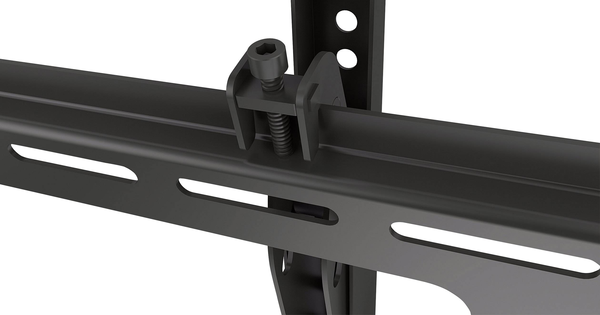 Szczegółowe ujęcie czarnego uchwytu telewizyjnego z mechanizmem śrubowym, który umożliwia stabilne zamocowanie na ścianie.