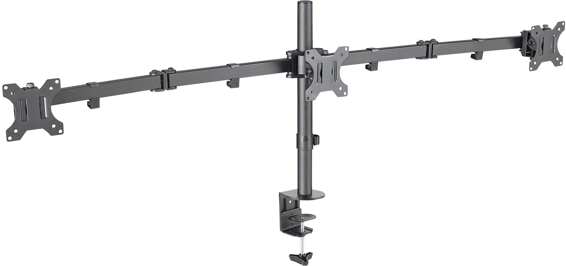 Uchwyt do monitora na trzy ekrany z dwoma ramionami i centralną podstawą; odpowiedni do ergonomicznego urządzenia stanowiska pracy.