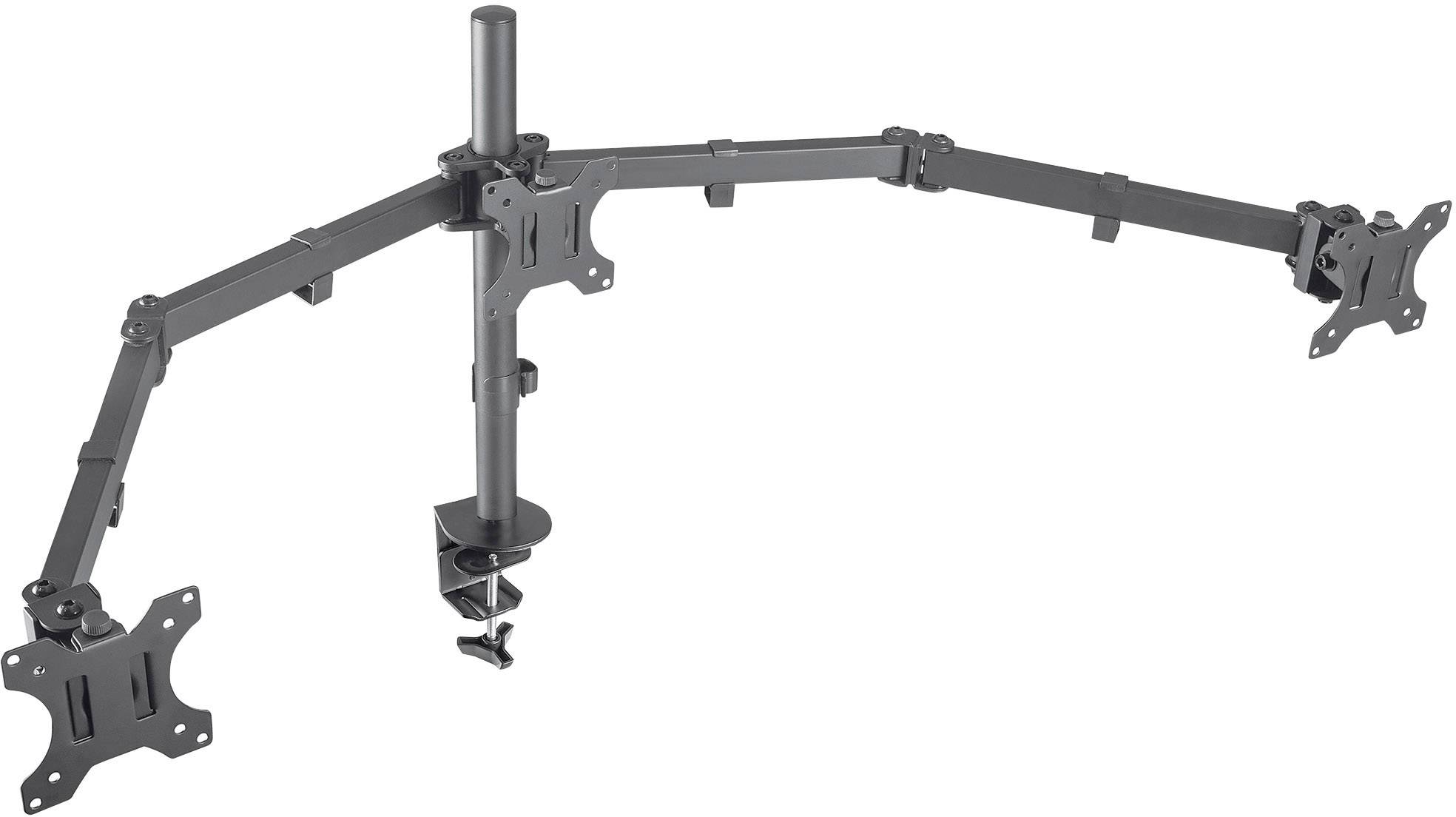 Metalowa, trójramienna podstawa pod monitory z regulacją wysokości, mocowana zaciskiem do biurka, przeznaczona dla trzech ekranów.