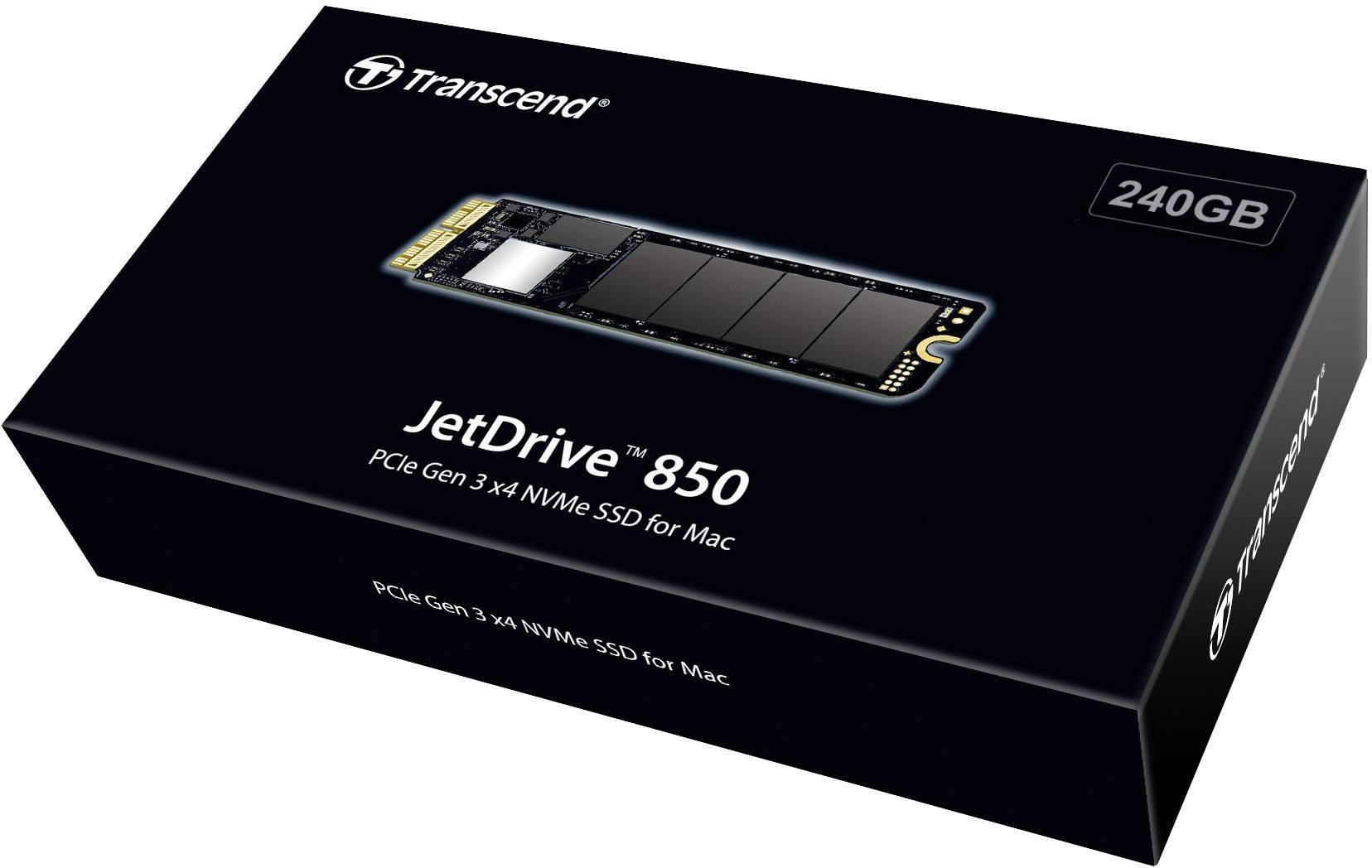 Czarna obudowa dysku SSD 'Transcend JetDrive 850' o pojemności 240 GB. Etykieta wskazuje 'PCIe Gen 3 x4 NVMe SSD dla komputerów Mac'.