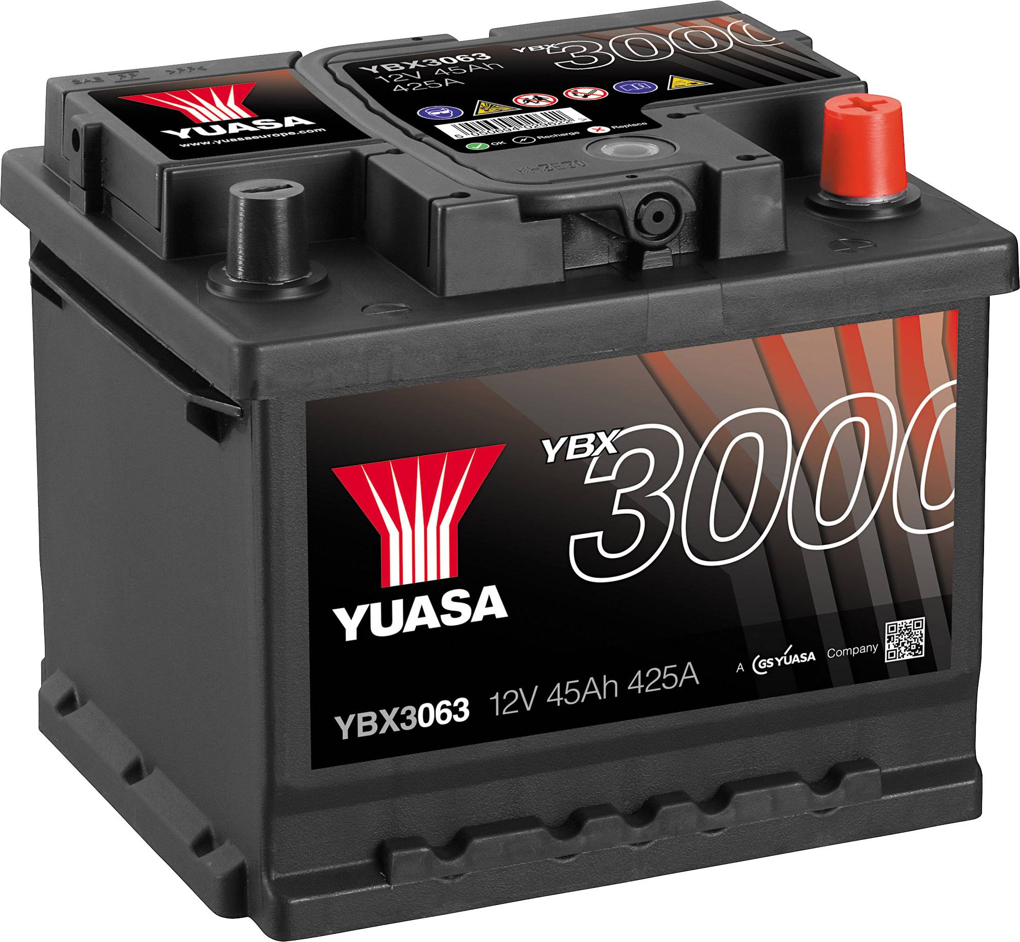 Akumulator samochodowy marki Yuasa, model YBX3000, 12V 45Ah 425A. Czarna obudowa z etykietami i logo marki.