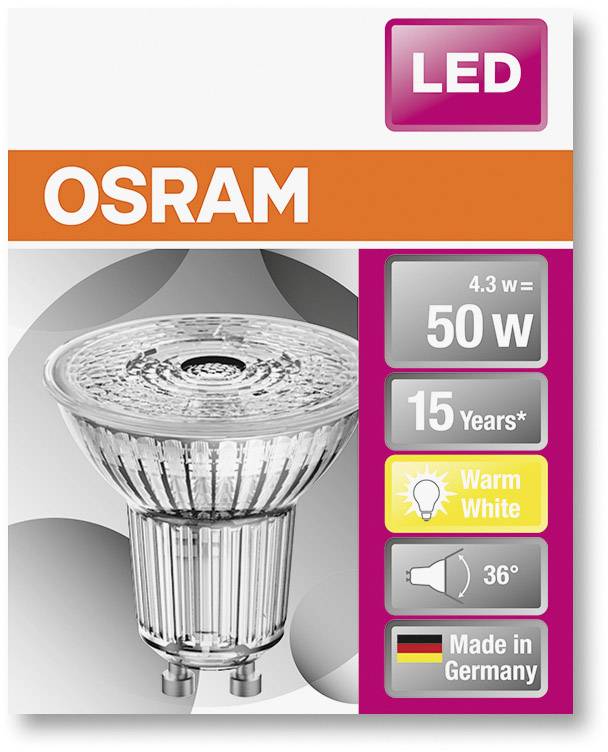 Żarówka LED OSRAM, 50 W, ciepłobiała, żywotność 15 lat, wyprodukowana w Niemczech.