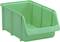Zielona plastikowa skrzynka magazynowa z otwartym designem z przodu, zapewniająca łatwy dostęp do zawartości. Idealna do organizacji małych przedmiotów.