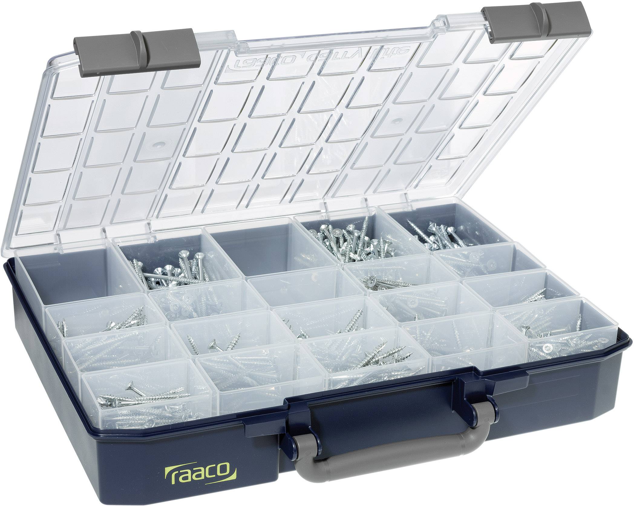 Otwarte pudełko magazynowe z przegródkami, wypełnione różnymi śrubami i gwoździami. Wykonane z tworzywa sztucznego z szarym uchwytem.