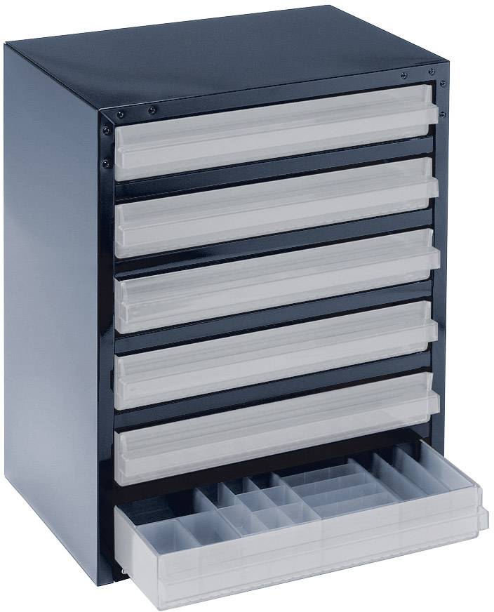 Niebieska szafka z szufladami z siedmioma transparentnymi szufladkami, które oferują różne przegródki na drobne elementy. Jedna z szuflad jest otwarta.