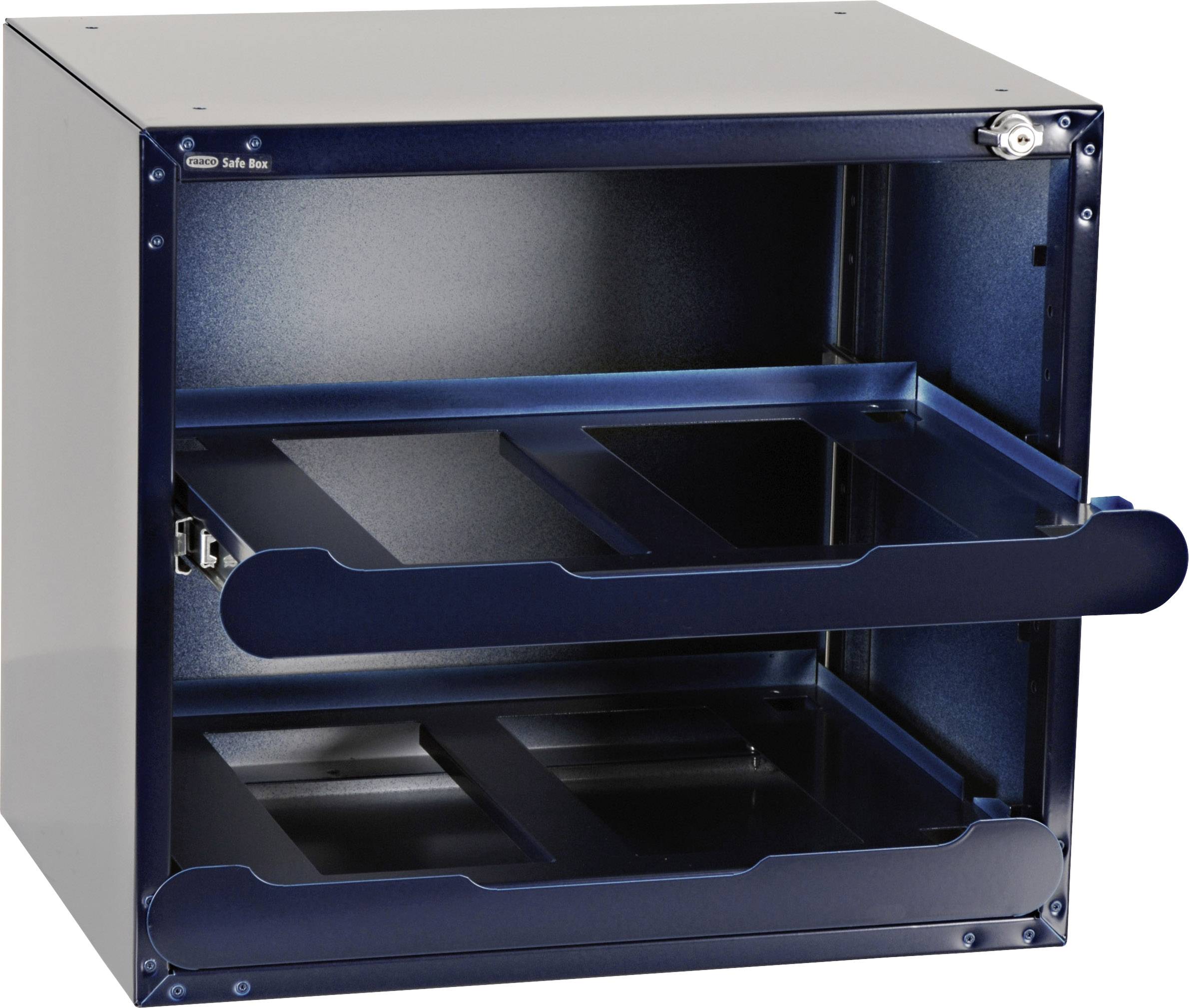 Szafa metalowa z dwoma wysuwnymi szufladami i zamkiem po prawej stronie. Idealna do bezpiecznego przechowywania dokumentów lub przedmiotów.