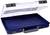 Otwarty niebieski plastikowy kufer z przezroczystą pokrywą, uchwytem i zatrzaskami zamykającymi. Idealny do przechowywania mniejszych przedmiotów.