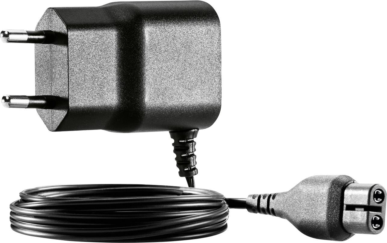 Czarna ładowarka z wtyczką europejską, przewodem i gniazdem DC; typowy zasilacz do urządzeń elektronicznych.