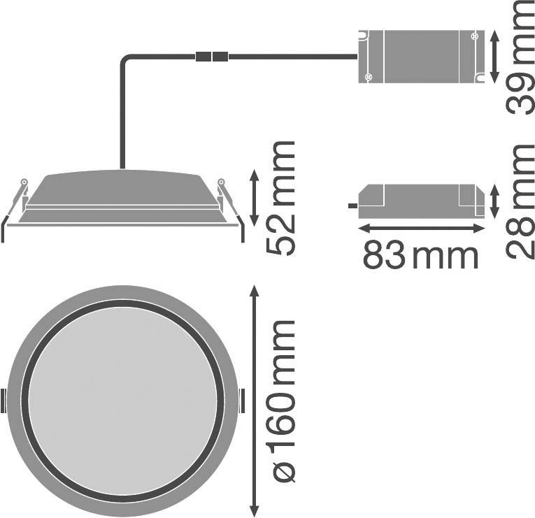 Rysunek techniczny przedstawia wymiary oprawy LED do zabudowy: średnica 160 mm, wysokość 52 mm, wymiary sterownika 83 mm x 28 mm.