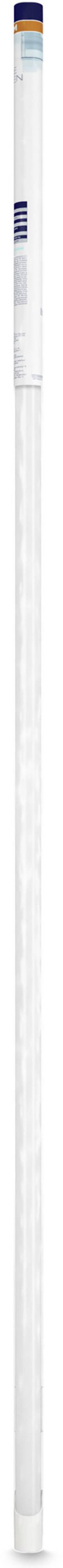 Biały cylinder z niebieską wstęgą na górze, przypuszczalnie opakowanie lub rura, sfotografowany na białym tle.