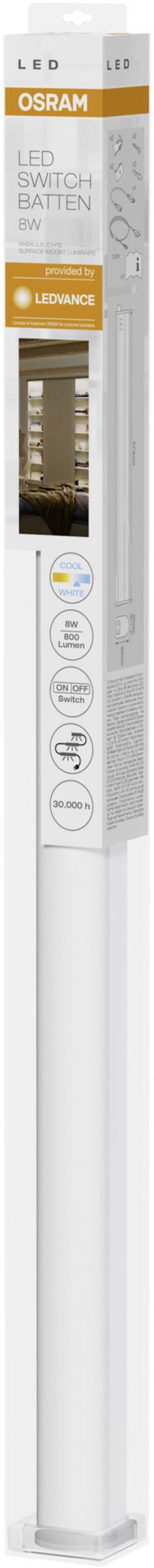 Opakowanie żarówki LED firmy 'Osram'. Zawiera informacje o klasie efektywności energetycznej G, 18 watów, 230V, 4000 kelwinów, 2000 lumenów, długość 1,2 metra.