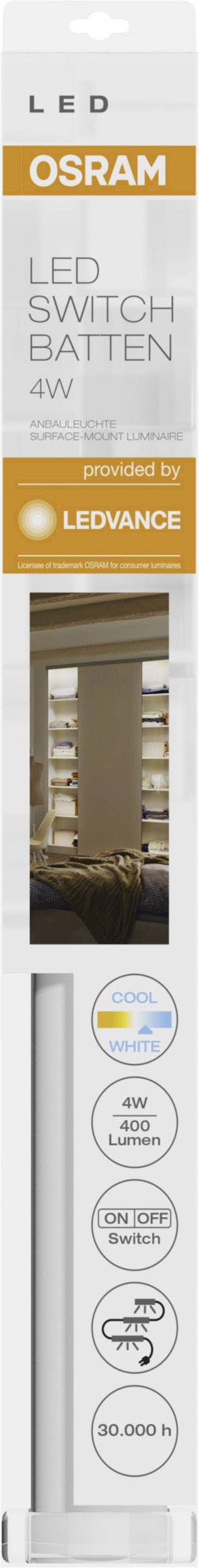 Oprawa LED Osram Switch Batten 4W, ciepła biel, 250 lumenów, klasa energetyczna A+, żywotność 20.000 godzin, długość 20 cm.
