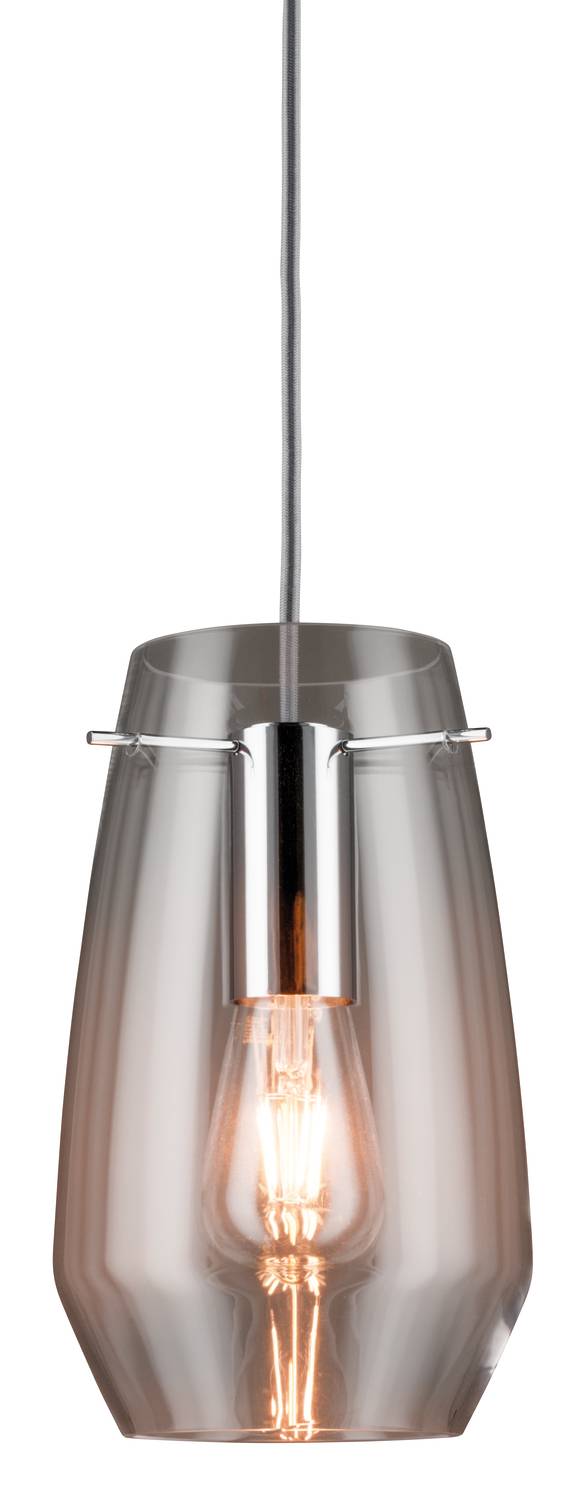 Nowoczesna lampa sufitowa wisząca wykonana z metalu, z przezroczystym kloszem szklanym, widocznym źródłem światła i metalowymi akcentami.