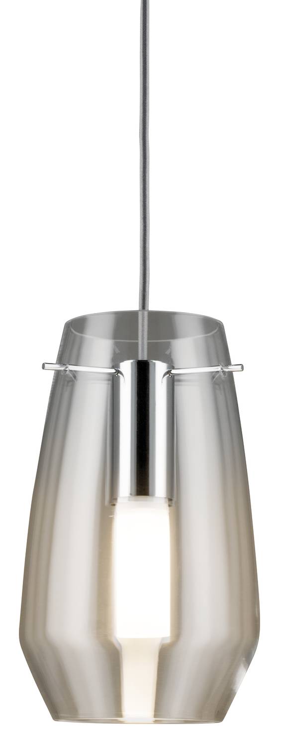 Srebrna lampa wisząca o nowoczesnym designie, o kształcie stożkowym z przezroczystym kloszem.