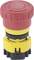 Czerwony przycisk awaryjnego wyłączenia z żółtą podstawą, używany jest w sytuacjach awaryjnych do szybkiego zatrzymania maszyn.