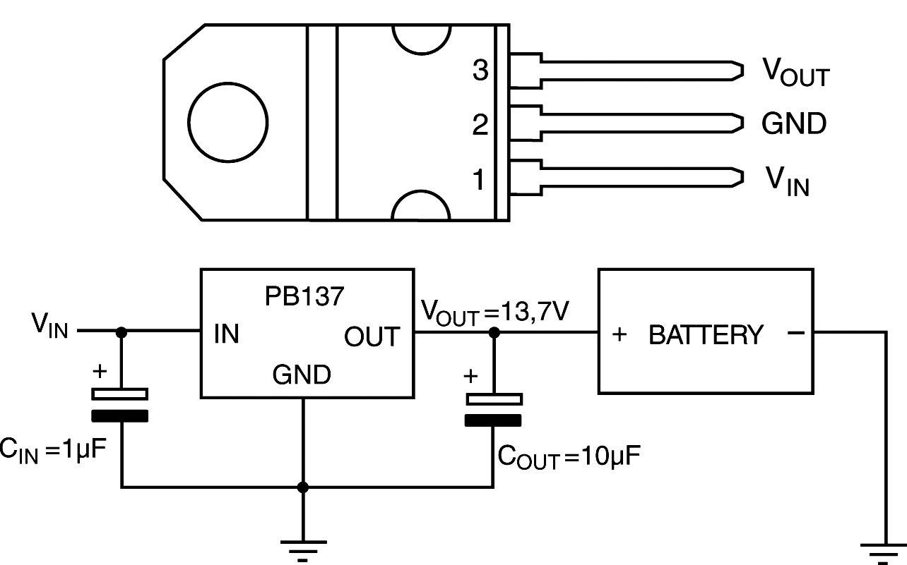 Schemat elektryczny regulatora napięcia z PB137 oraz kondensatorami C_IN 1µF i C_OUT 10µF dla napięcia wyjściowego 13,7V i baterii.