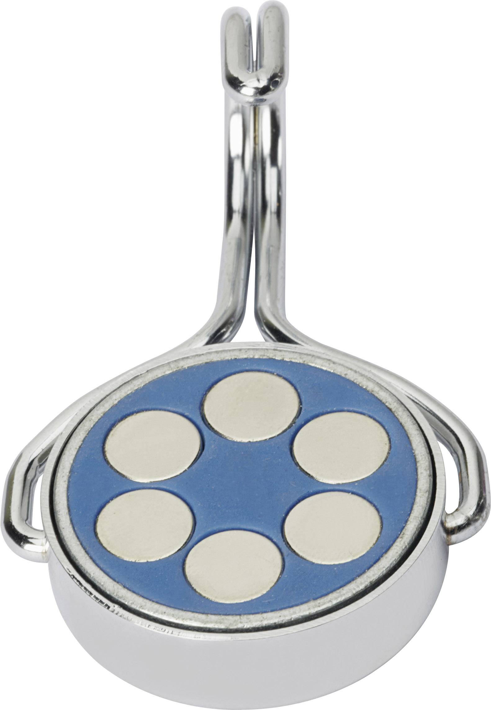 Mały srebrny i niebieski magnes z pięcioma okrągłymi magnesami, z haczykiem przymocowanym z boku. Odpowiedni do zawieszania różnych przedmiotów.