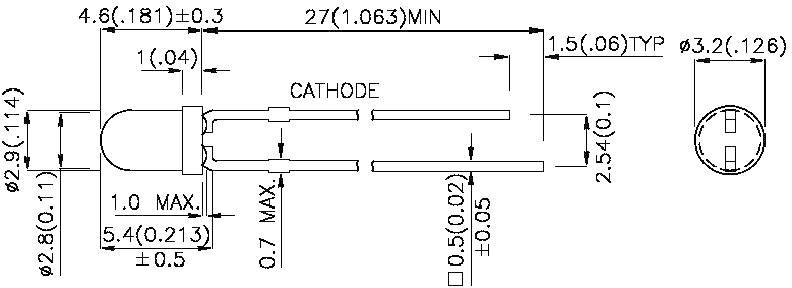 Schemat obudowy diody LED z wymiarami: całkowita długość 27 mm, średnica 4,6 mm, dwa przewody przyłączeniowe, jeden oznaczony jako katoda.