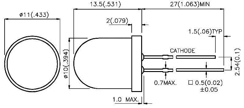 Rysunek techniczny diody LED z wymiarami: średnica 11 mm, długość 27 mm, oznaczenie katody, wymiary w calach i milimetrach.