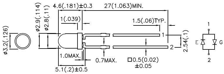 Rysunek techniczny dwubiegunowego elementu elektronicznego z wymiarami i rozmieszczeniem wyprowadzeń.