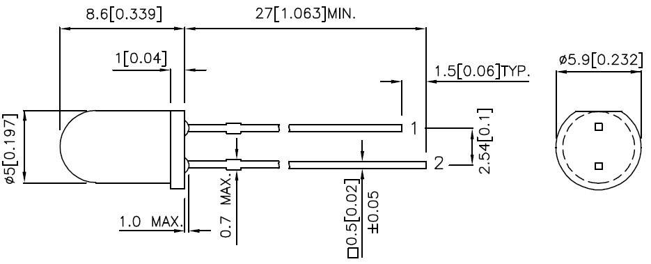 Rysunek techniczny obudowy diody LED z wymiarami w milimetrach i calach. Przedstawia widok z przodu, widok z boku oraz widok z góry.