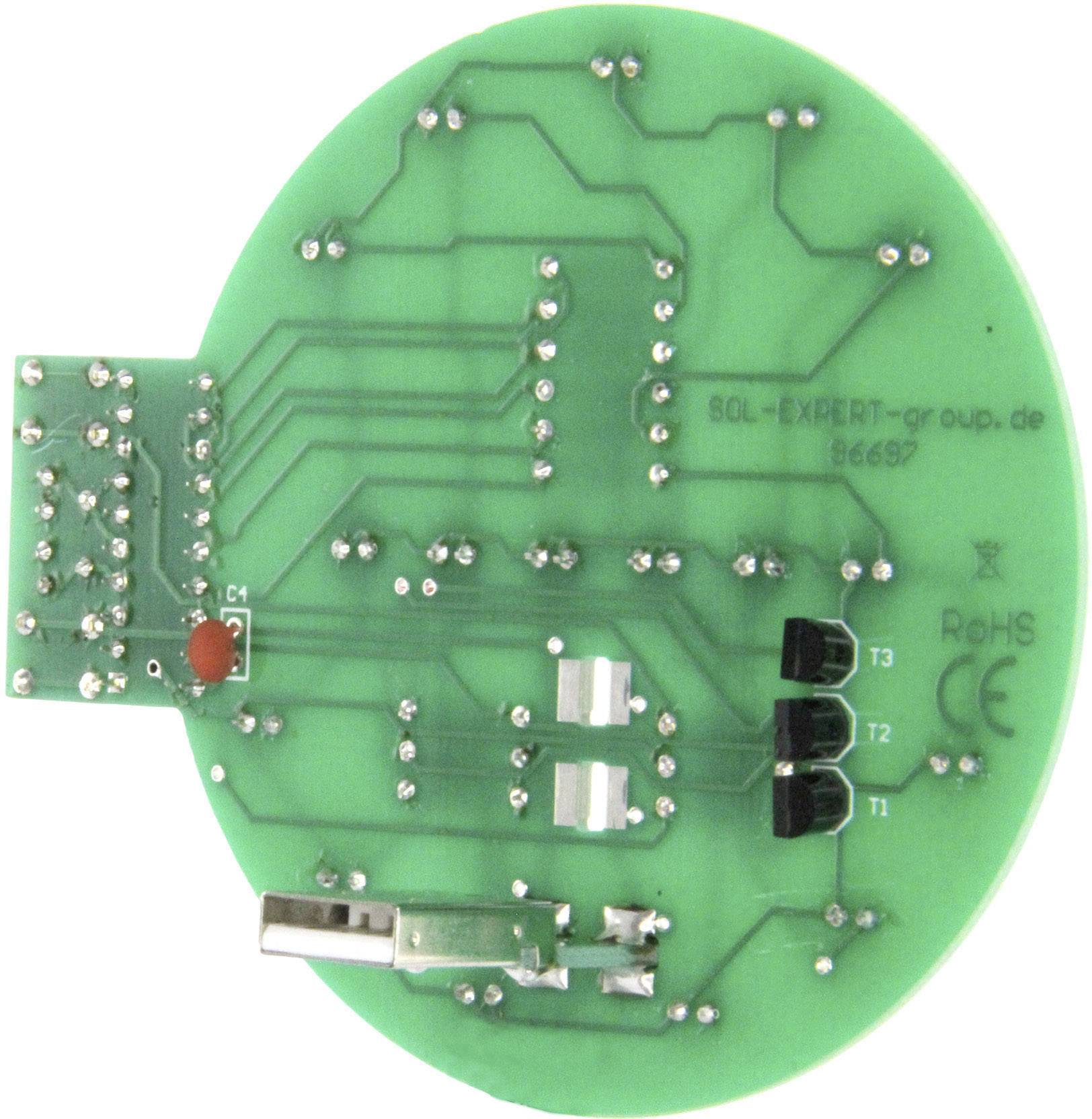 Okrągła zielona płytka drukowana z widocznymi ścieżkami przewodzącymi i elementami elektronicznymi. Zawiera napis 'SQL-Expert-group.de'.