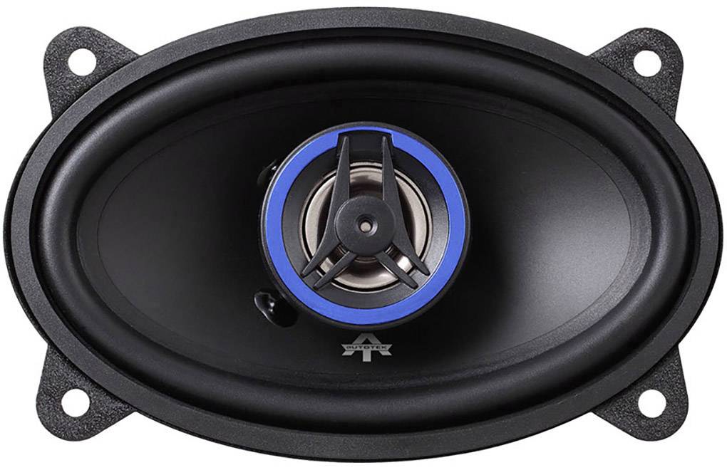 Owalny głośnik z niebieską i czarną membraną, centralnym stożkiem i czterema otworami mocującymi.