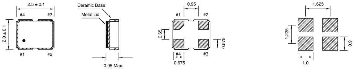 Rysunek techniczny ceramicznego elementu kwadratowego z metalową pokrywą. Wymiary: 2,5x2,0x0,95 mm. Przedstawiono widok z góry, widok z boku oraz widok spodu.