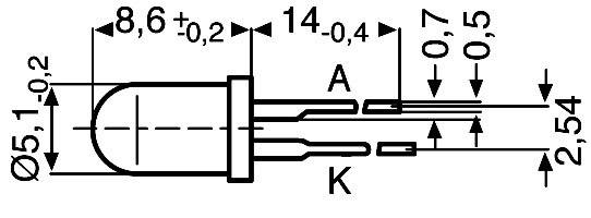 Rysunek techniczny diody LED z wymiarami w milimetrach: długość 8,6±0,2, szerokość 5,1±0,2. Złącza 'A' (anoda) i 'K' (katoda).