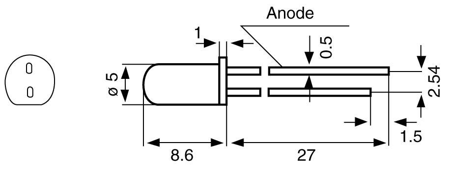 'Diagram LED-a w widoku bocznym z wymiarami. Długość: 27 mm, średnica: 5 mm. Rozstaw wyprowadzeń: 2,54 mm.'