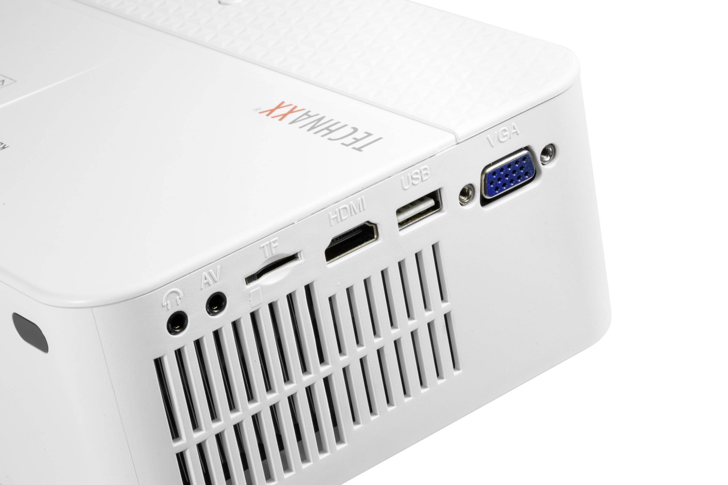 Zbliżenie projektora z widocznymi złączami: AV, TF, HDMI, USB i VGA. Nazwa marki widoczna na obudowie.