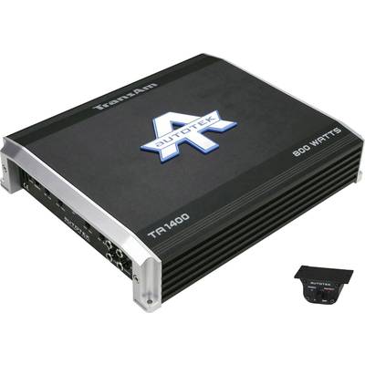 Wzmacniacz Autotek TR1400 o mocy 800 watów, obudowa w kolorze czarnym z srebrnymi akcentami, w zestawie z pilotem zdalnego sterowania.