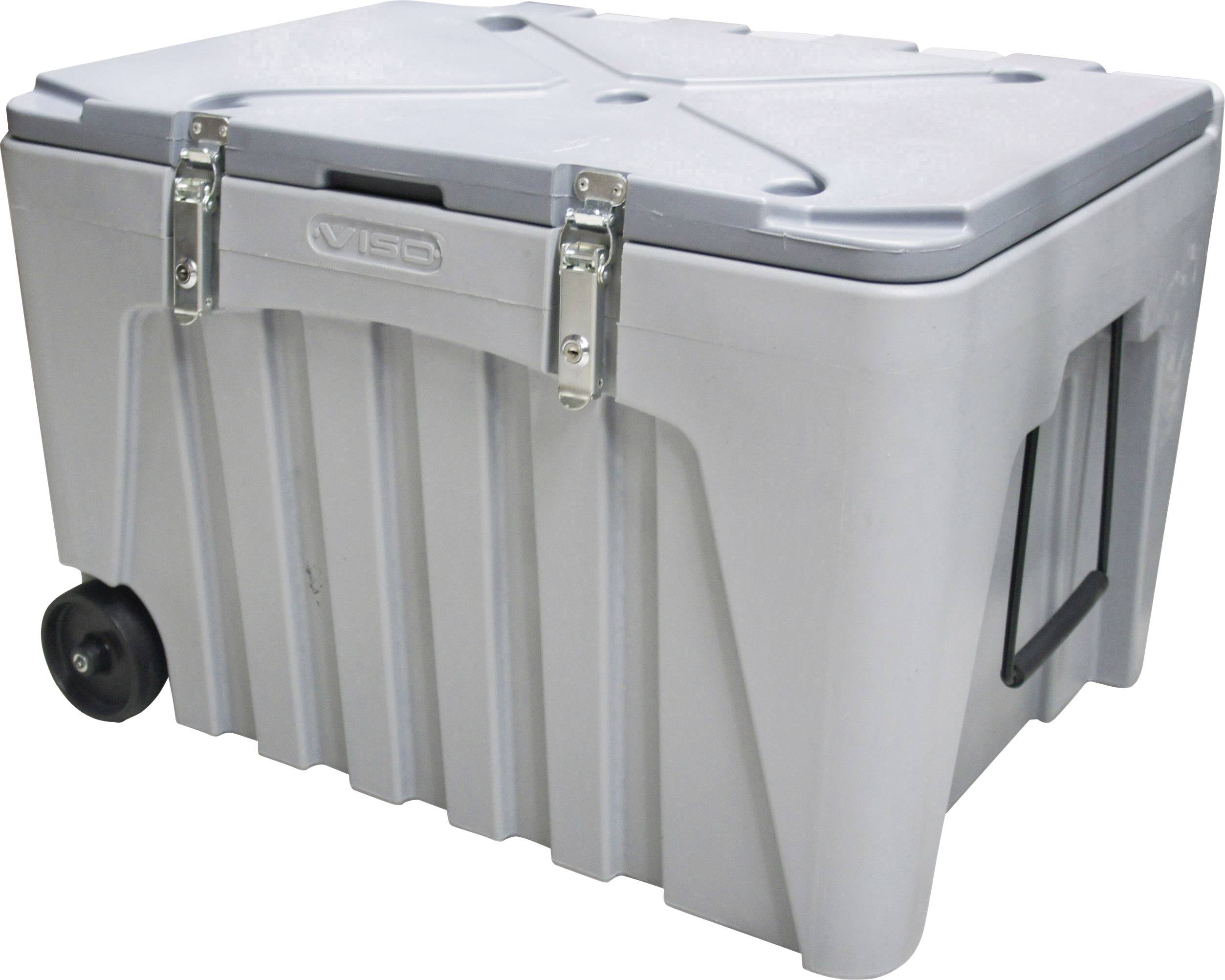 Szara, prostokątna lodówka turystyczna z kółkami i uchwytem do łatwego transportu.