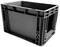 Duża, prostokątna czarna skrzynka z tworzywa sztucznego z otwartą pokrywą, odpowiednia do przechowywania lub transportu.