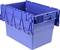 Duży, pusty, niebieski pojemnik plastikowy z wzmocnionymi ściankami i uchwytami po obu stronach. Pokrywa może zostać zamocowana.