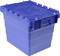 Duży, składany niebieski pojemnik plastikowy z pokrywką i uchwytami, często używany do przechowywania i transportu różnych przedmiotów.