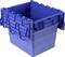 'Niebieski, możliwy do sztaplowania pojemnik z tworzywa sztucznego z pokrywą i wzmocnionymi ściankami, odpowiedni do przechowywania i transportu towarów lub materiałów.'