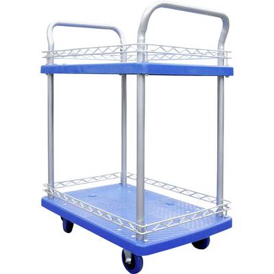 Dwupiętrowy niebieski wózek transportowy z metalową ramą i uchwytami, osadzony na czterech kółkach. Przeznaczony do przewożenia różnych przedmiotów.