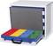 Metalowa skrzynka z otwartymi przegródkami i wysuwanym pojemnikiem z tworzywa sztucznego, zawierająca przegródki w kolorach czerwonym, żółtym, zielonym i niebieskim.