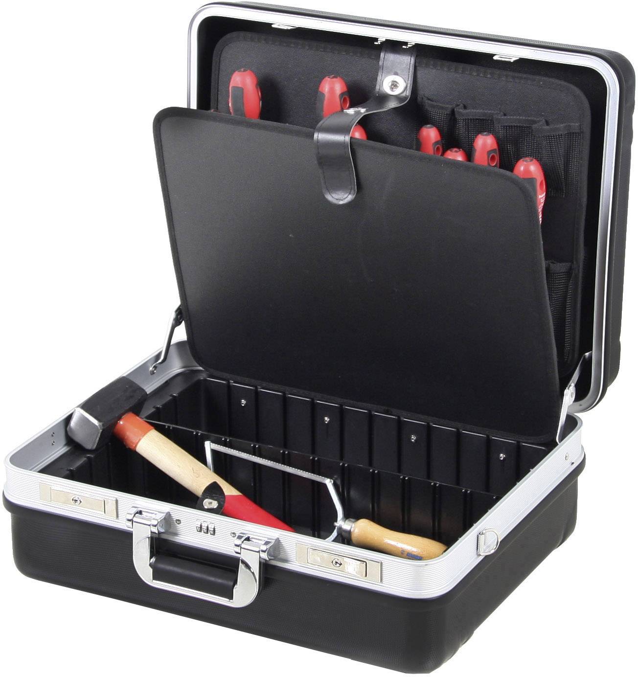 Otwarty zestaw narzędziowy z młotkiem, śrubokrętem i innymi narzędziami. Zorganizowany dla łatwego dostępu i transportu.