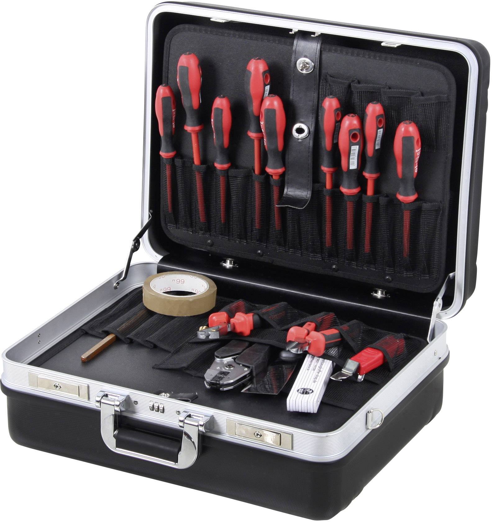 Otwarty kufer narzędziowy z różnymi śrubokrętami i narzędziami, w tym rolką taśmy klejącej i obcinaczami do kabli.