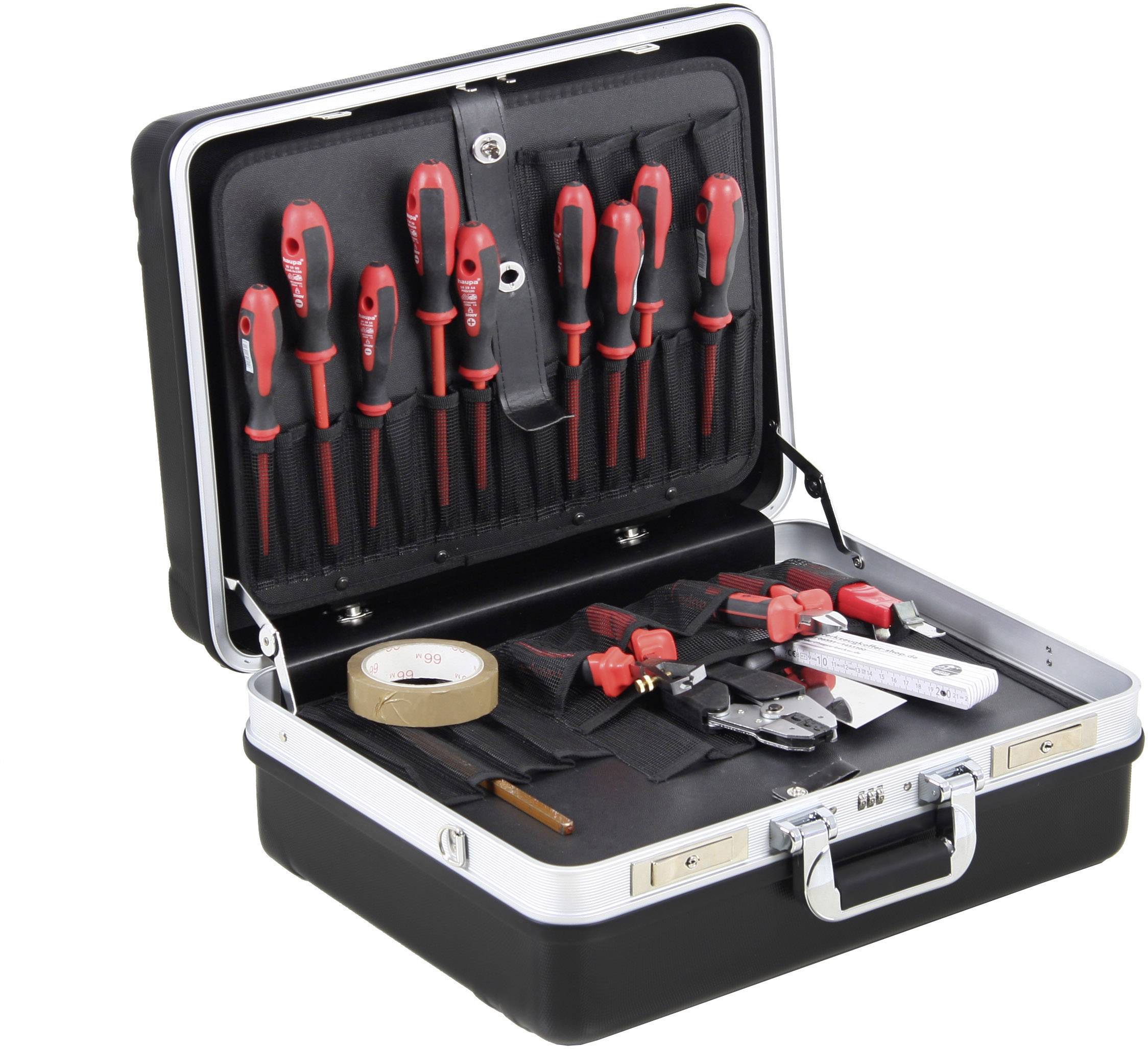 Otwarty kufer z narzędziami zawierający wkrętaki, taśmę klejącą, szczypce i miarkę. Narzędzia są czyste i starannie ułożone.