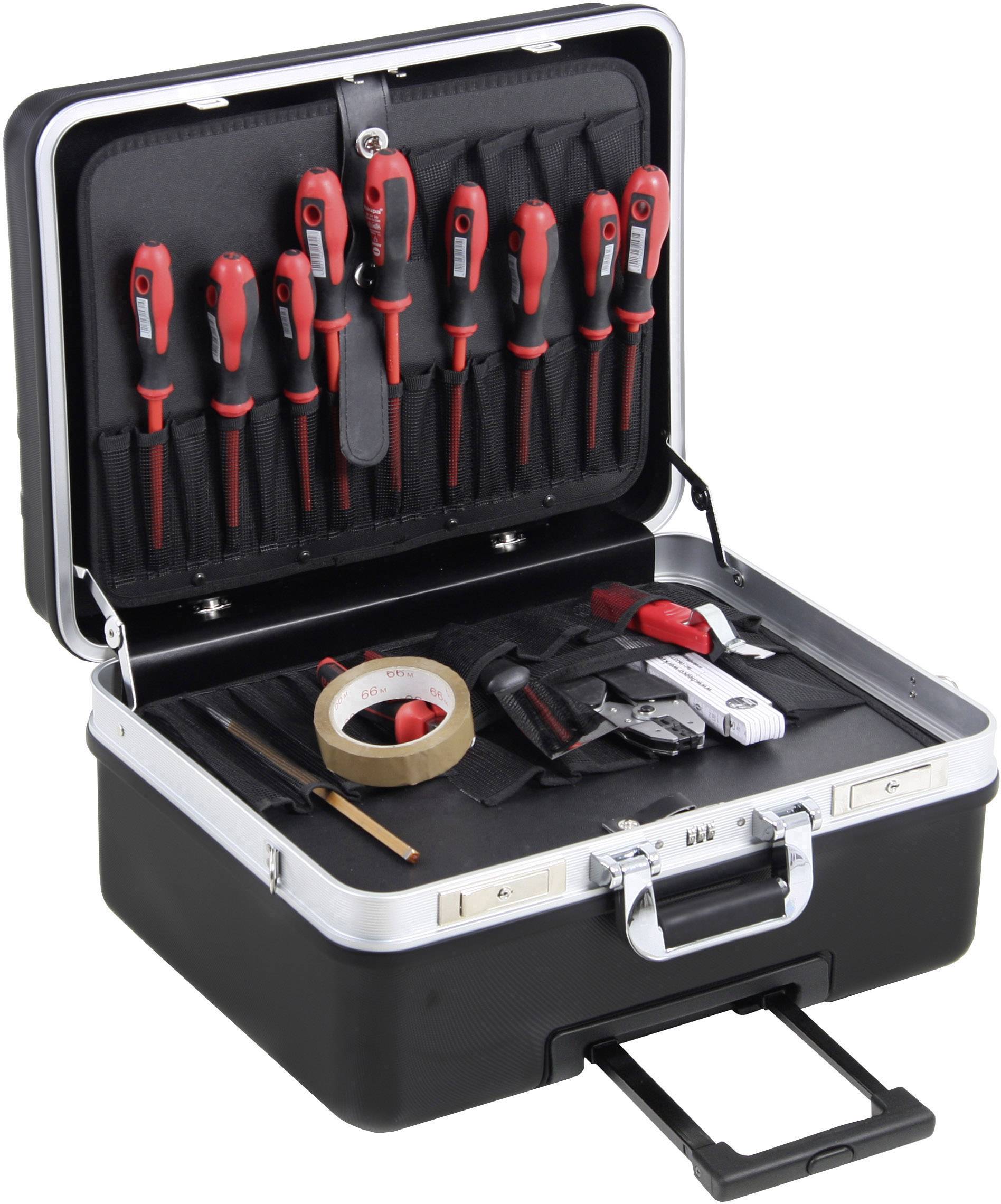 Otwarty przybornik z wieloma wkrętakami w pokrywie oraz taśmą klejącą, nożem do cięcia, miarką i latarką w dolnej przegrodzie.