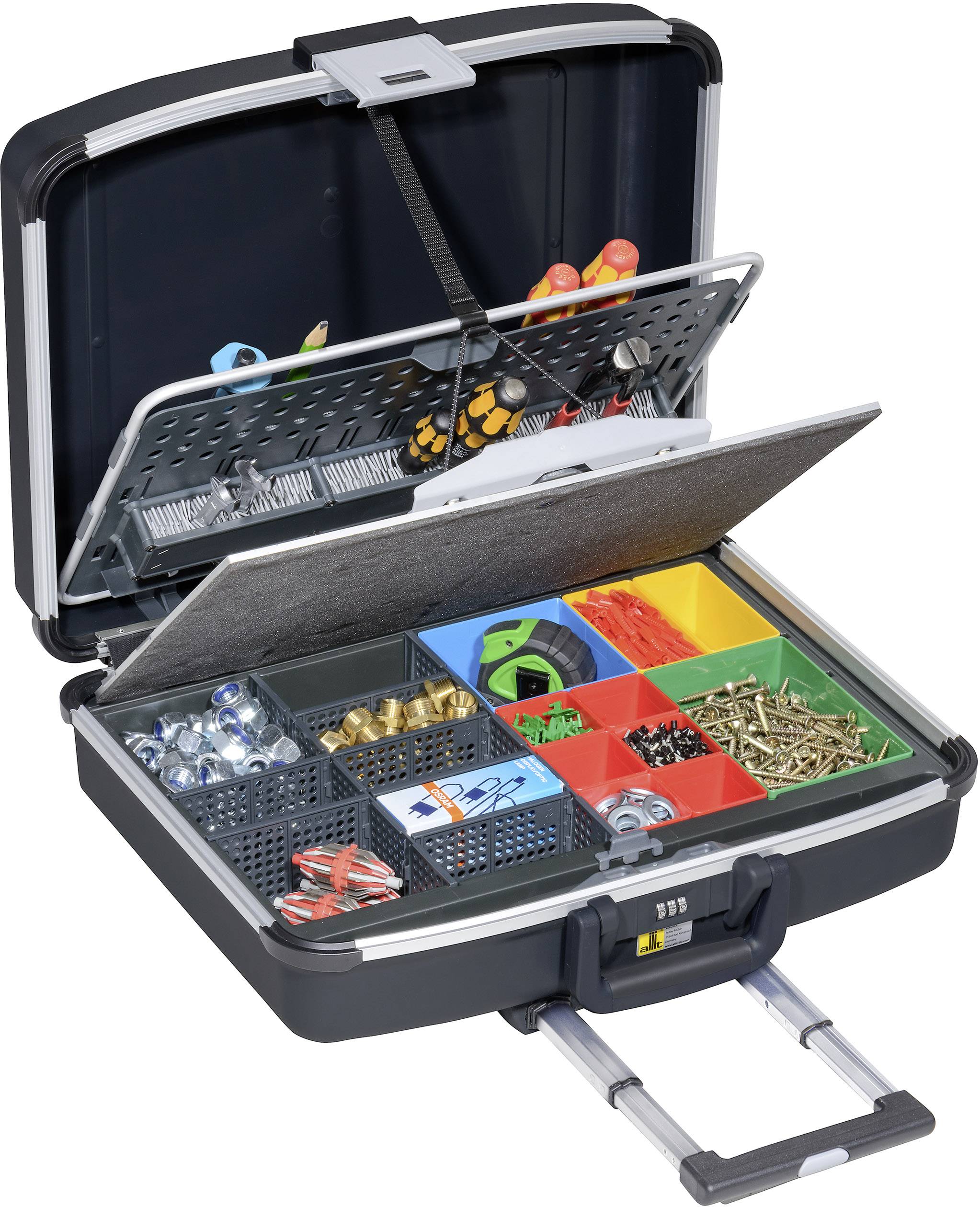 Otwarta skrzynka narzędziowa z widocznymi przegródkami, w których znajdują się śruby, nakrętki, taśma klejąca i narzędzia. Idealna do przechowywania i transportu.