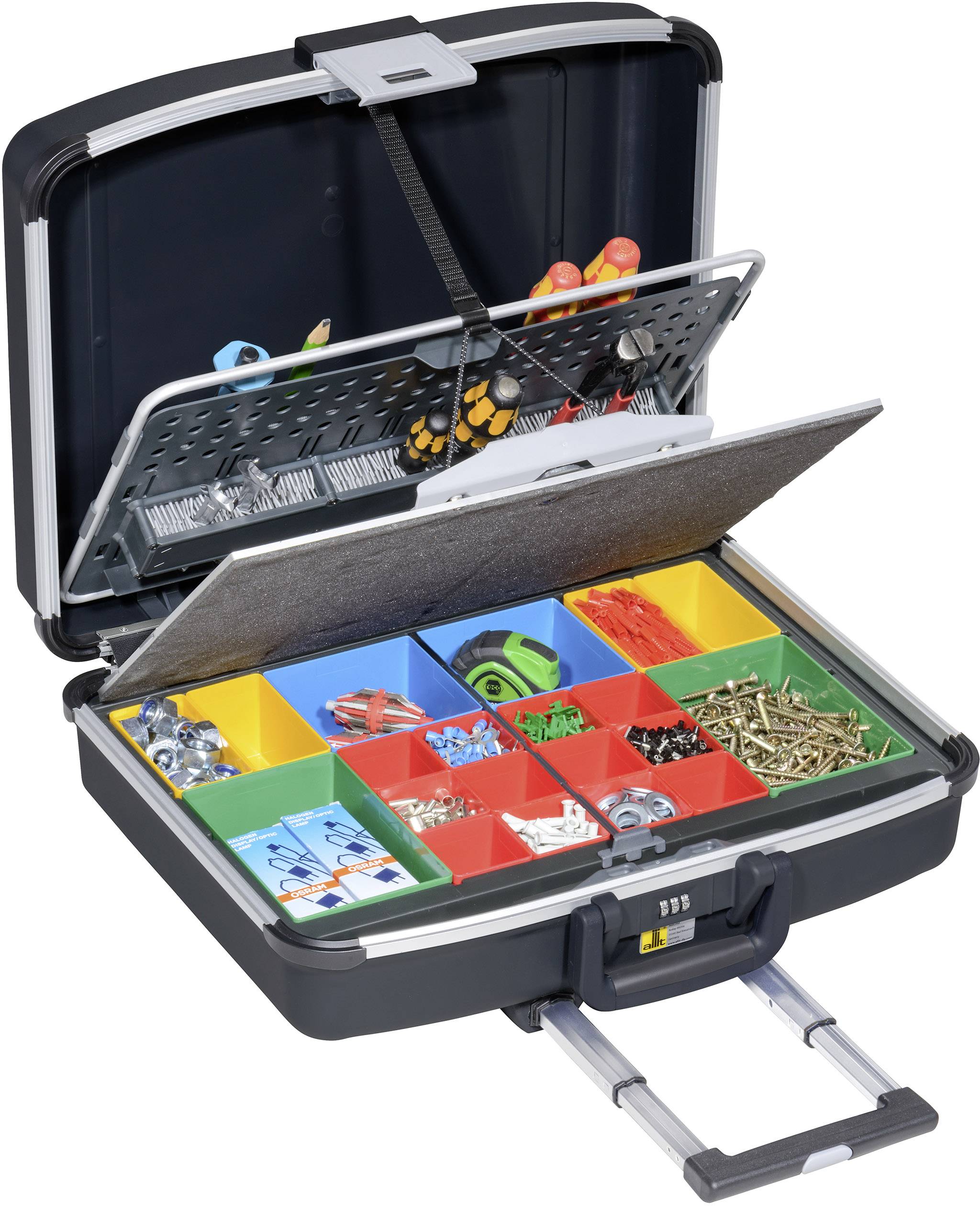 Otwarty kufer z narzędziami przedstawia przegródki z różnymi śrubami, nakrętkami, opaskami zaciskowymi i miarką.