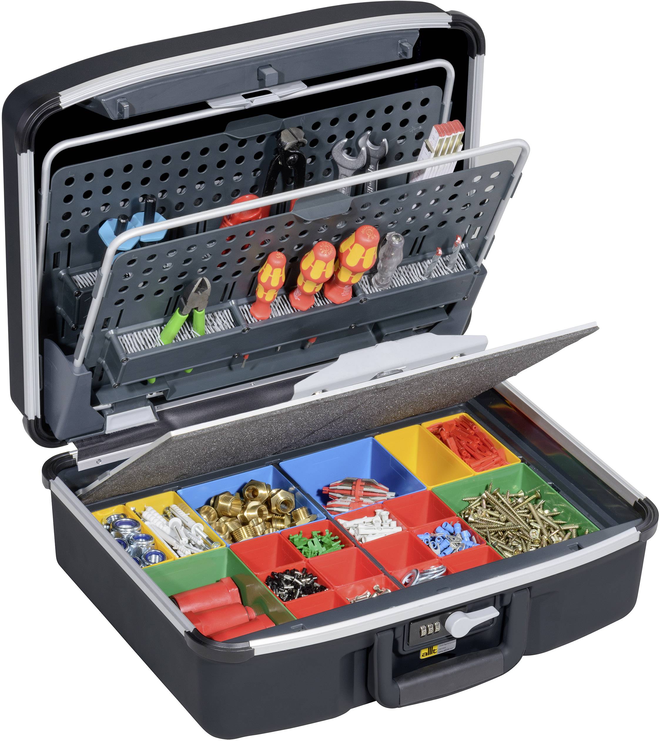 Otwarty organizer narzędziowy z przegródkami na śruby, nakrętki i narzędzia, takie jak wkrętaki. Zorganizowane rozwiązanie do przechowywania.