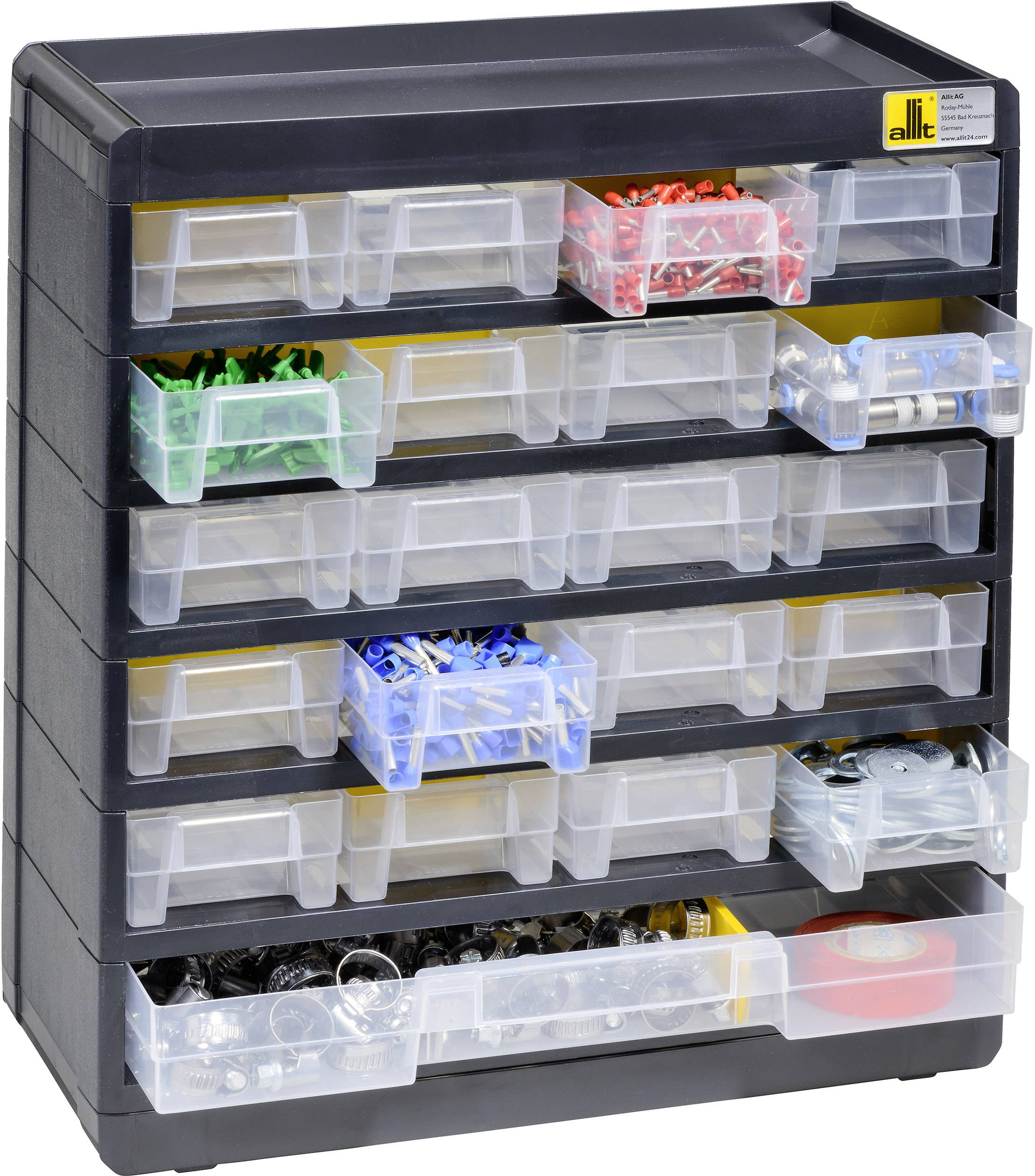 Czarny szafka do przechowywania z wieloma przezroczystymi szufladami, wypełnionymi różnokolorowymi elementami z tworzywa sztucznego i akcesoriami.