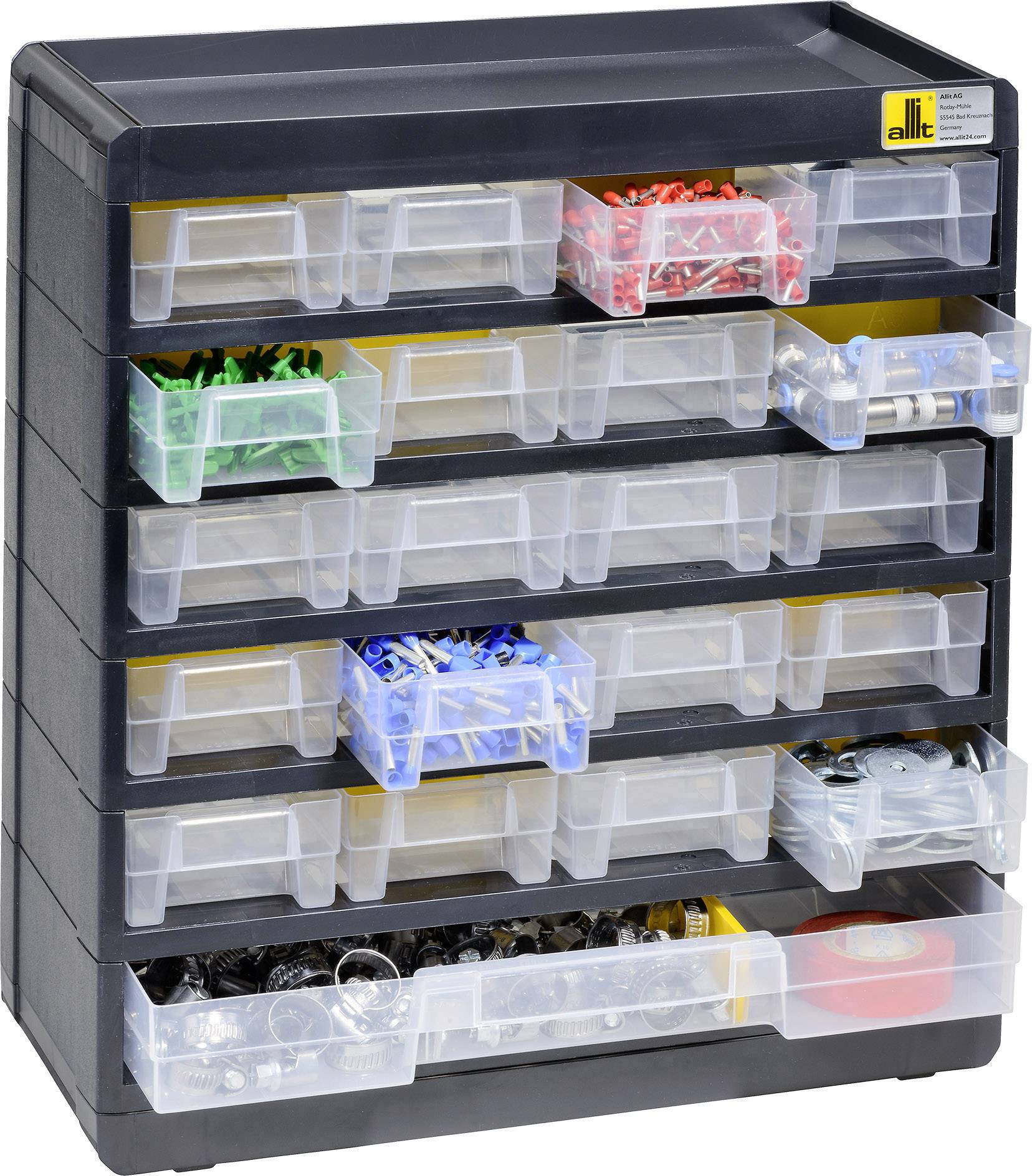 Czarny organizer z kilkoma przezroczystymi szufladkami, zawierającymi różnokolorowe śruby, kołki i drobne elementy.