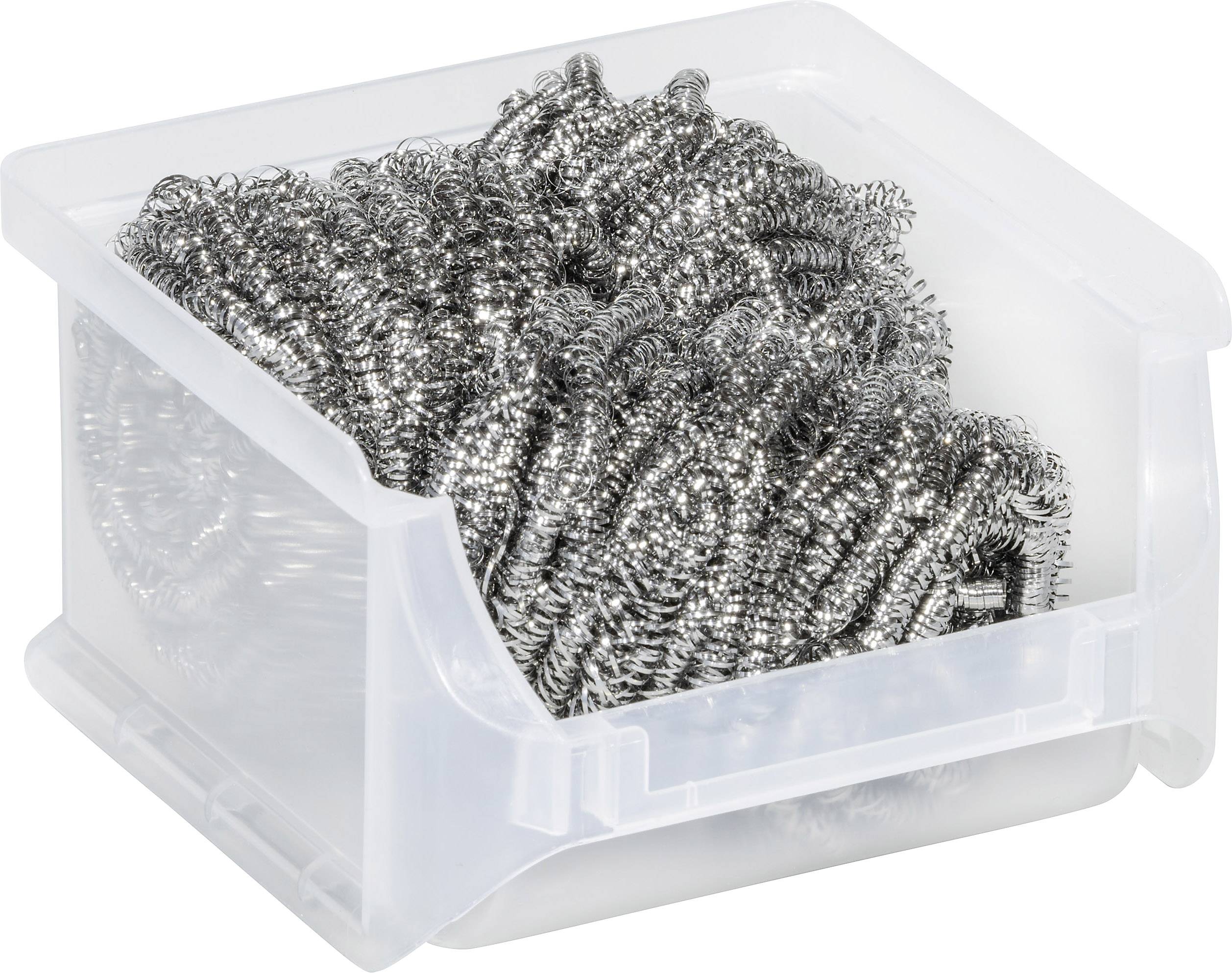 Plastikowy pojemnik wypełniony srebrnymi metalowymi spiralami służącymi jako zmywak do naczyń.