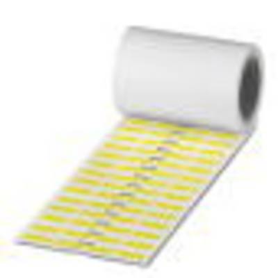 Rolka z naklejonymi żółto-białymi pasiastymi etykietami na taśmie, gotowa do użycia.